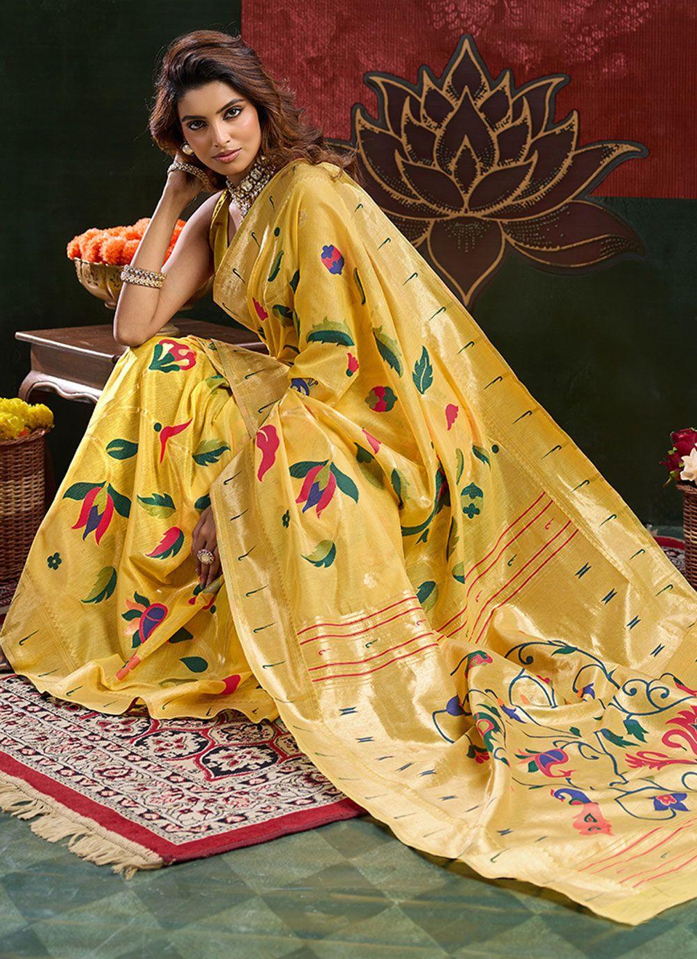 Yellow Cotton Silk Saree with Paithani-Style Pallu, view 3 of 4