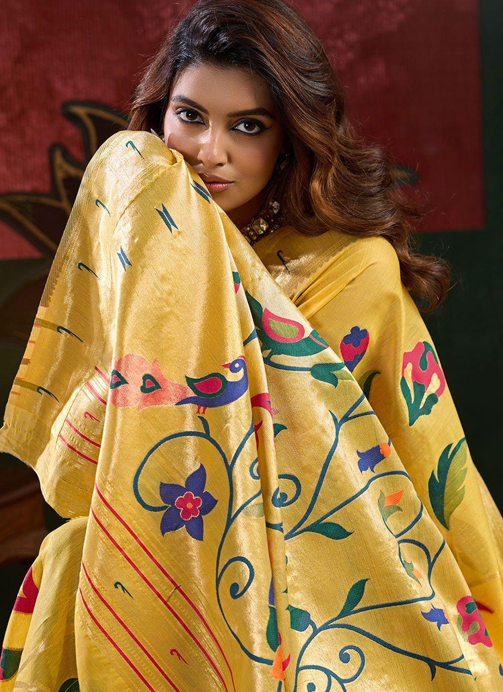 Yellow Cotton Silk Saree with Paithani-Style Pallu, view 4 of 4