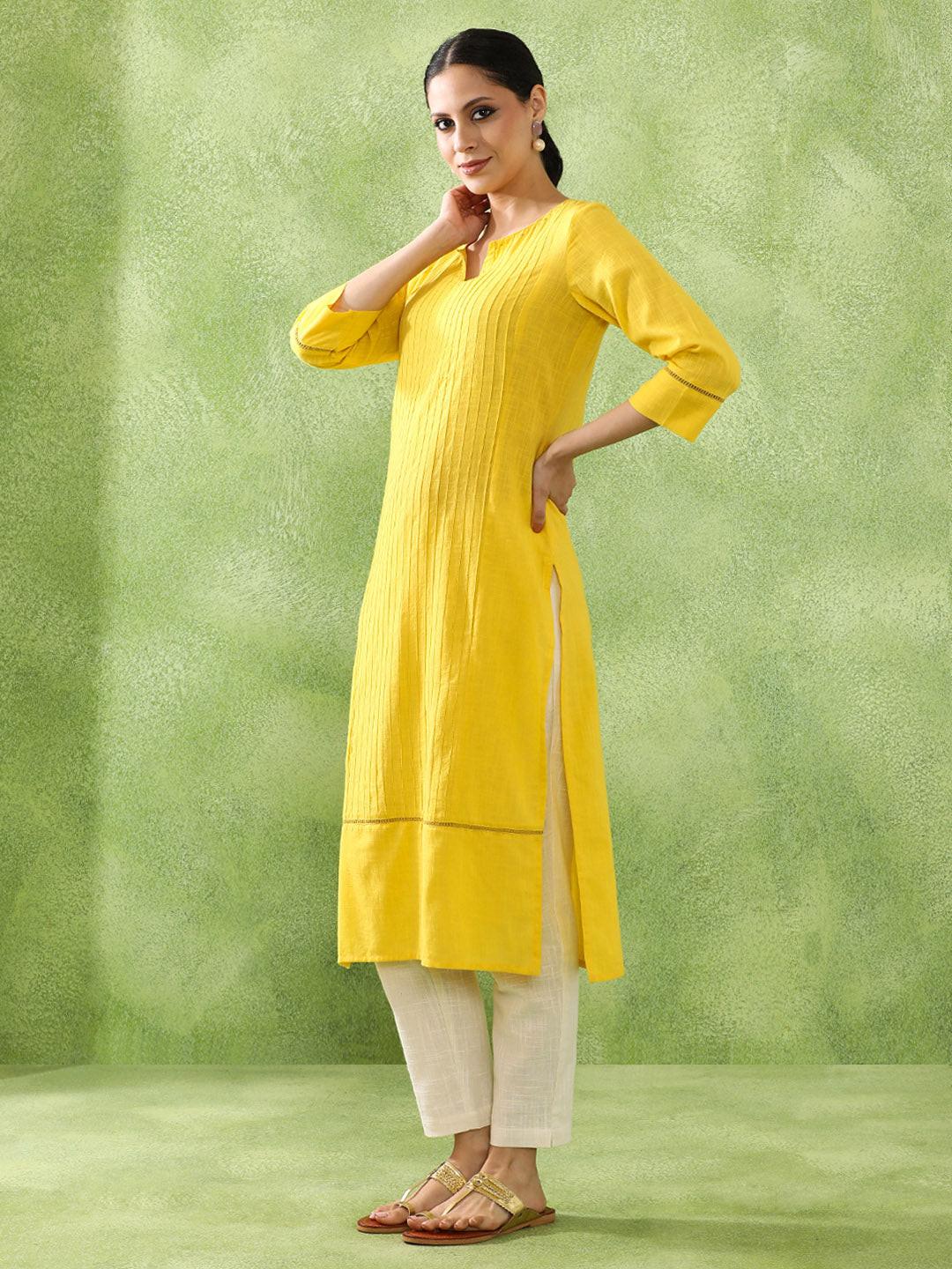 Yellow Slub Cotton Straight Kurta with Pintucked Front, view 3 of 5