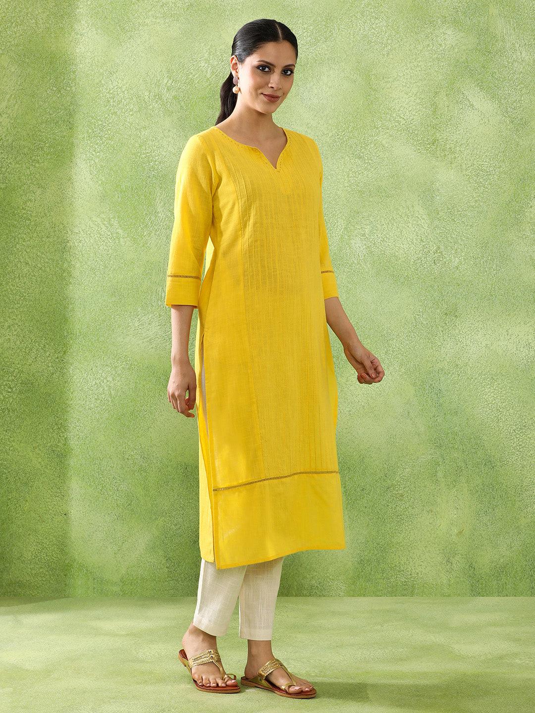 Yellow Slub Cotton Straight Kurta with Pintucked Front, view 4 of 5