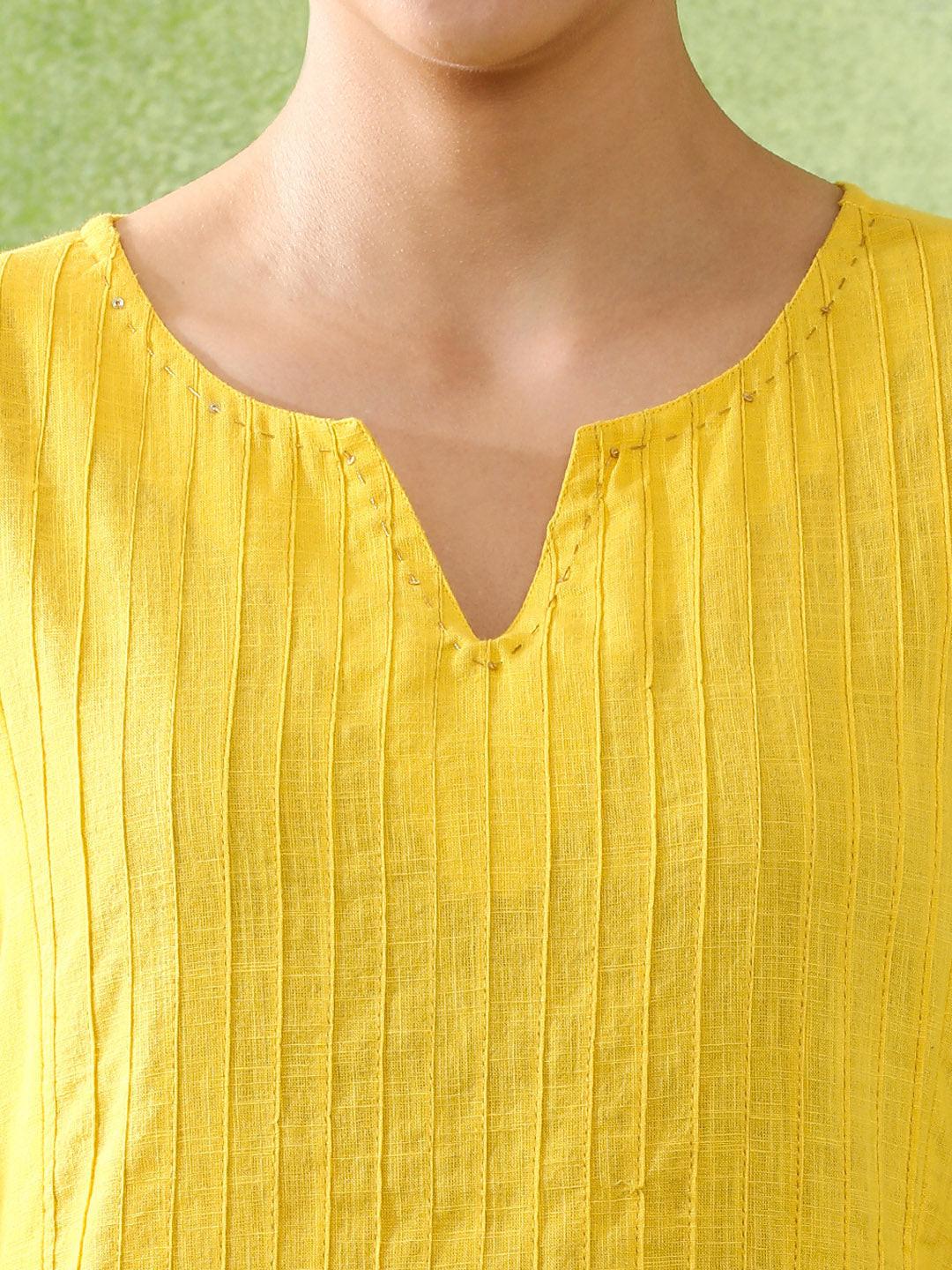 Yellow Slub Cotton Straight Kurta with Pintucked Front, view 5 of 5
